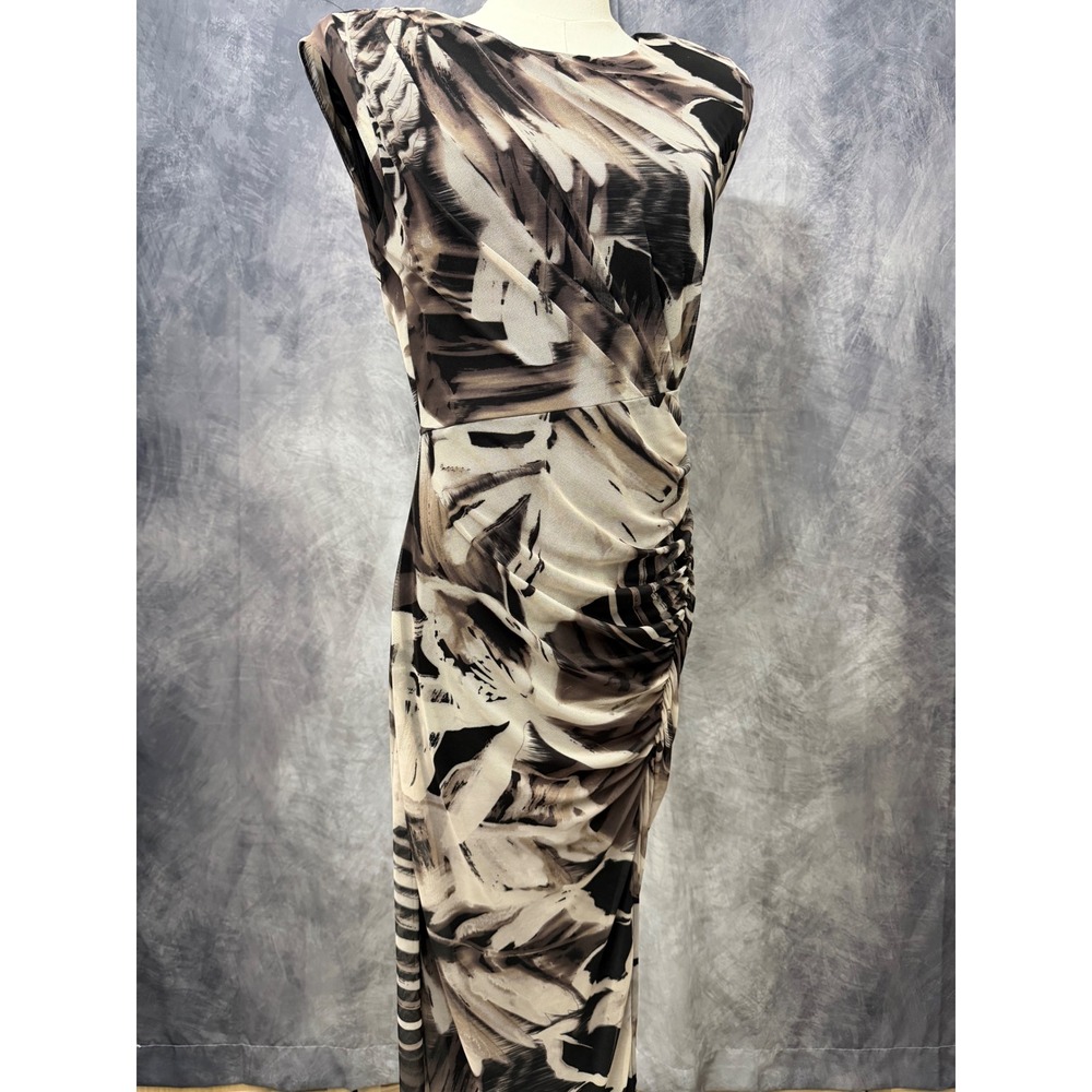 DKNY Womens Abstract Mesh Ruched Sheath Dress Gray Black Size 4 Sleeveless Midi
